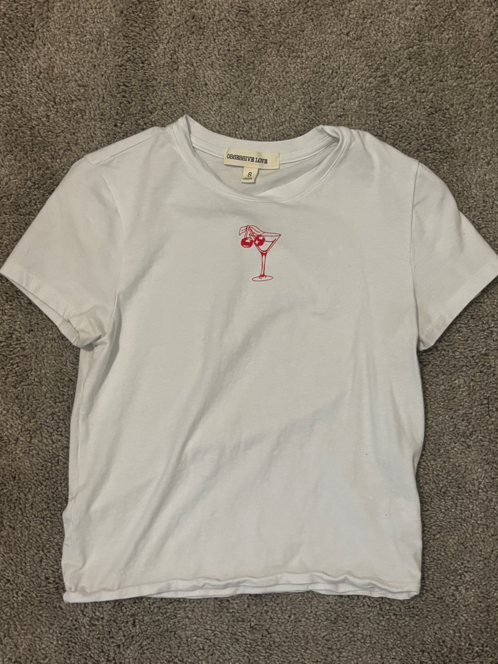Obsessive Love White Short Sleeve Tee with Red Martini Graphic